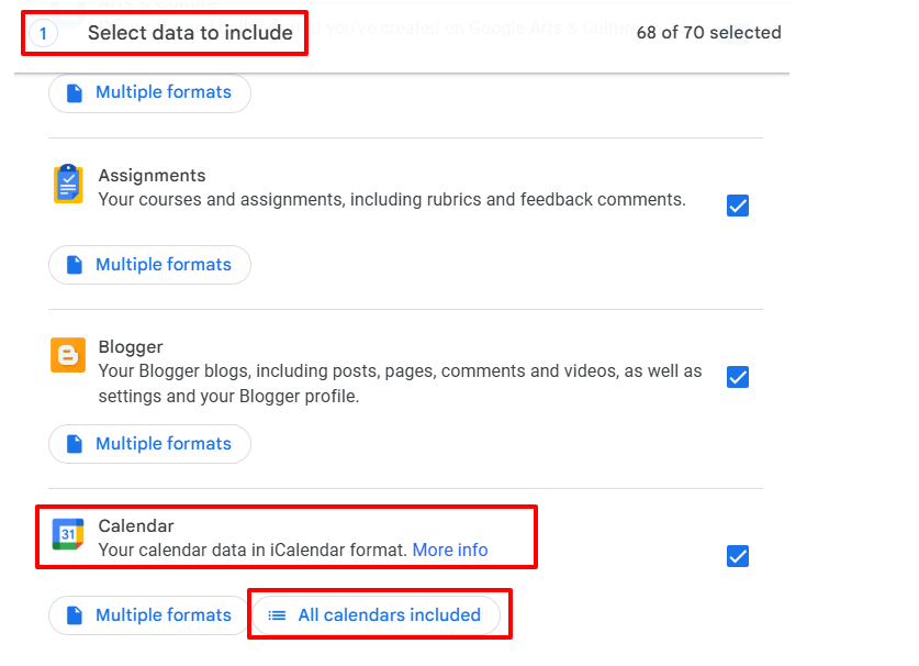 Le menu « Sélectionner les données à télécharger » est ouvert pour afficher l’option Google Agenda.