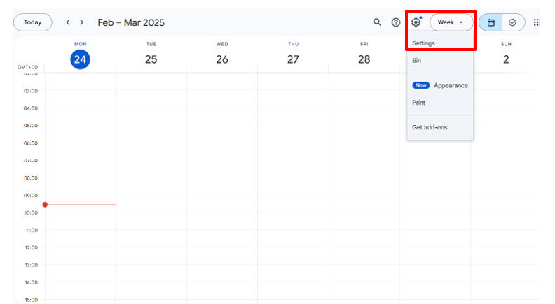 Google Agenda est ouvert et le menu Paramètres s’affiche.