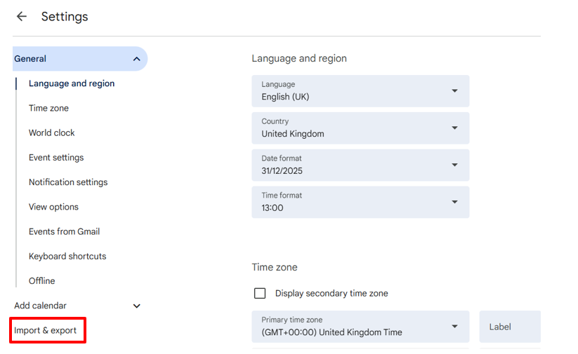 Le menu des paramètres de Google Agenda affiche le point de menu « Importer et exporter ».