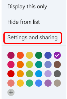 ’option « Paramètres et partage » apparaît dans la fenêtre de l’agenda Google choisi.  