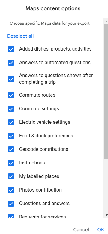 La case « Options de contenu de Maps » est ouverte. Vous pouvez choisir parmi une liste de données, notamment « Mes adresses avec libellé » et « Paramètres de trajet ».