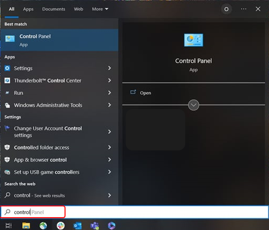 The Control panel window opens as “Control panel” is typed into the search box.