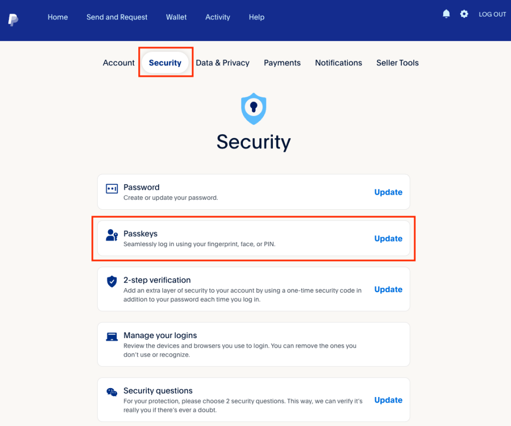 Ein Screenshot der PayPal-Einstellungen mit Markierung, wo Sie Passkeys aktivieren können.