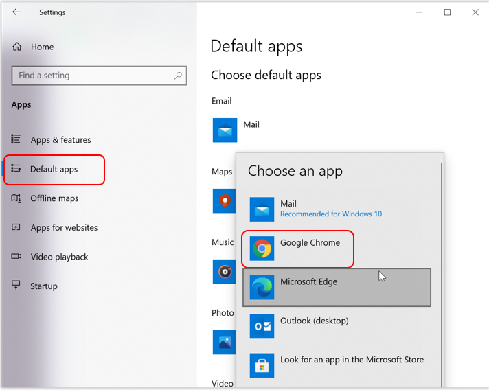 The web browser list of default apps, including Google Chrome.
