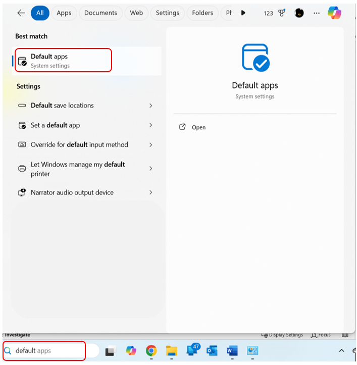 “Default apps” appears as the best match when you start typing this word into the taskbar search box.