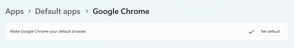 Google Chrome has been set as default within the Default apps window.