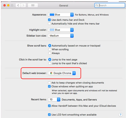 Select Google Chrome from the Default web browser menu.