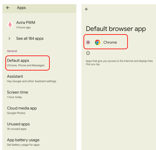 Default apps are shown in device settings. Chrome is set as the default browser.