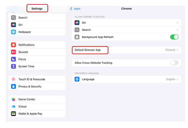 Within the Settings of an iPad, Chrome is set as the default browser.