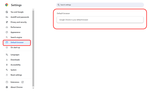 “Default Browser” has been selected to show Google Chrome as the default browser in Google Settings.