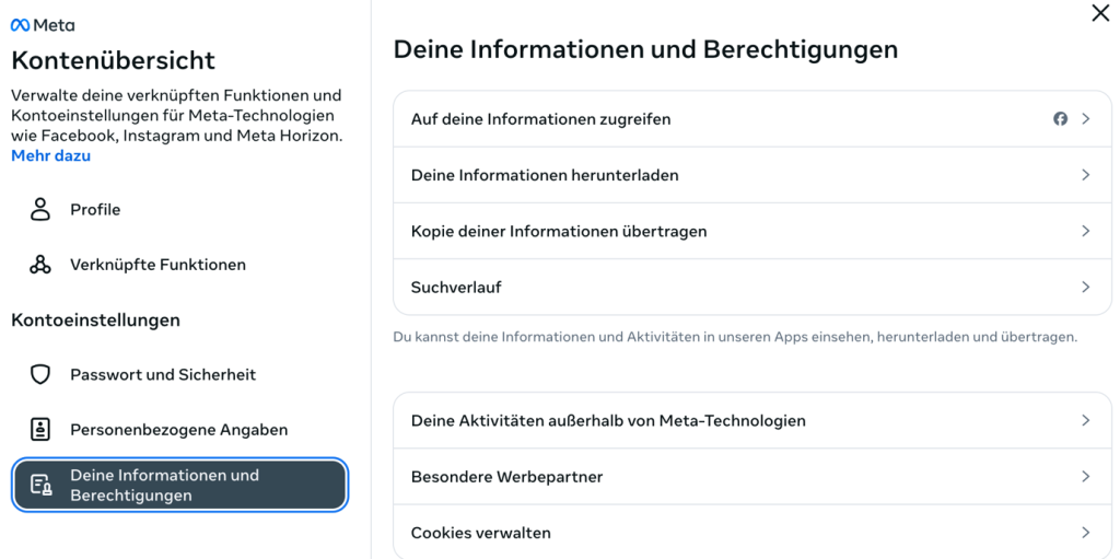 Paramètres pour le téléchargement et le transfert des informations Facebook 