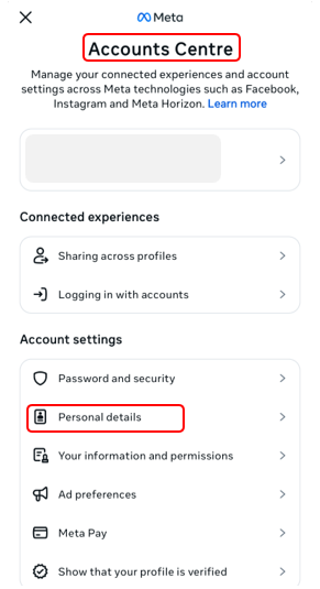 The Accounts Centre window with the “Personal details” option.