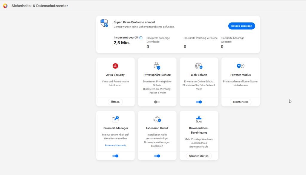 Das Sicherheits- und Datenschutzcenter von Avira Secure Browser 