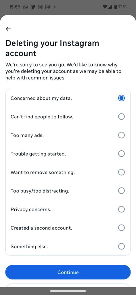 Deleting your Instagram account with a list of possible reasons for deleting.