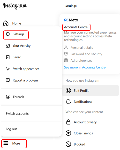 The “Accounts Centre” menu opens when you click “Settings”.