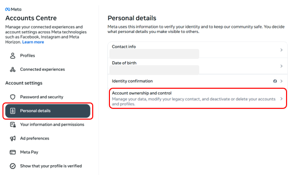 The “Accounts Centre” window with the “Personal details” menu.