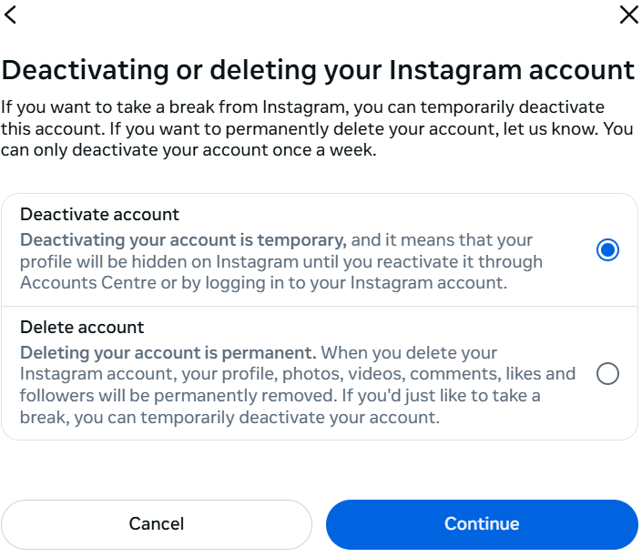 The “Deactivating or deleting your Instagram account” window with the “Delete account” option.