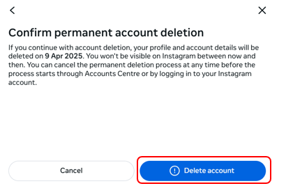 “Confirm permanent account deletion” window with the blue “Delete account” button. 