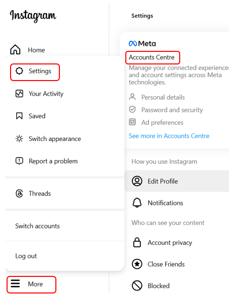 The “Accounts Centre” menu opens when you click “Settings”.