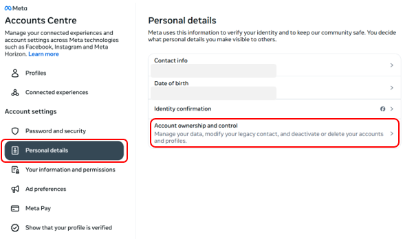 The “Accounts Centre” window with the “Personal details” menu.