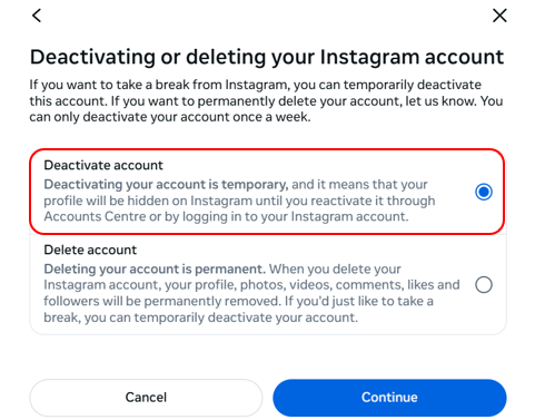 The “Deactivating or deleting your Instagram account” window with the “Deactivate account” option marked.
