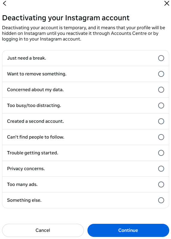 The “Deactivating your Instagram account” window offers a list of reasons for deactivating.