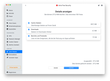 Vista dettagliata della funzionalità Pulizia file spazzatura di Avira Free Security per Mac