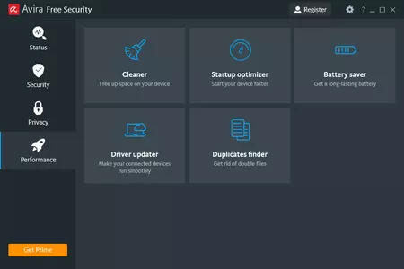 screenshot of Avira Free Security performance tap